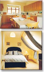 The kitchenette and lovely light and airy lemon colour scheme bedroom
